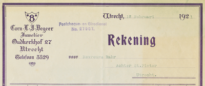 710718 Kop van een rekening van Corn.L.J. Begeer, Juwelier, Oudkerkhof 27 te Utrecht. Rekening over 1920 ten name van ...